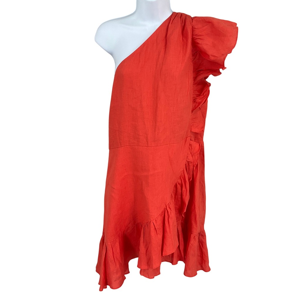 Banana Republic One-Shoulder Ruffle Linen Dress in Coral Red